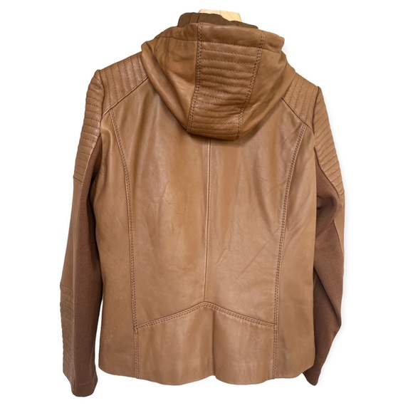 Michael Kors Women’s Brown Leather Hooded Moto Full Zip Jacket, XL - Picture 2 of 10